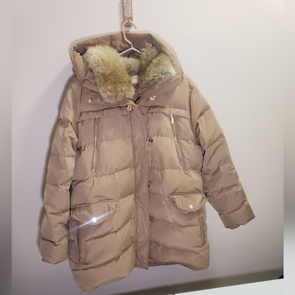 SOLD! MICHAEL KORS Women's Puffer Coat with Removable Faux Fur Hood Tan Size XXL